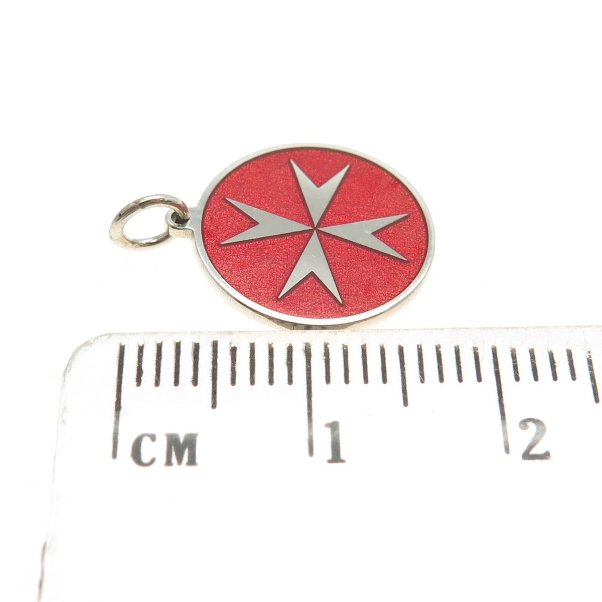 925 Sterling Silver Red Enamel Maltese Cross Round Tag Minimalist Charm Pendant