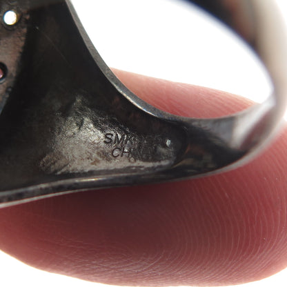 925 Sterling Silver Black Rhodium Enamel Real Multi-Sapphire Ring Size 7.25