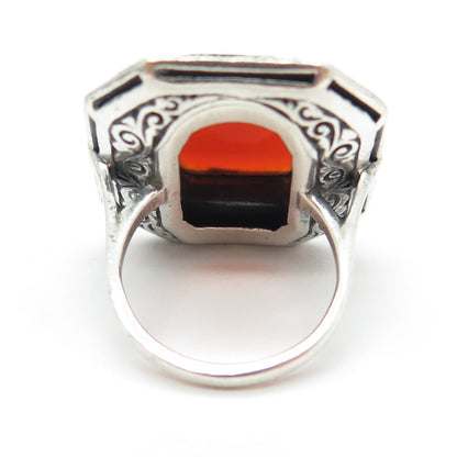 925 Sterling Silver Antique Art Deco Carnelian & Marcasite Gem Ring Size 4.25
