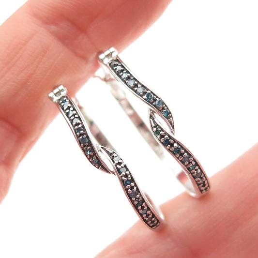 925 Sterling Silver Real Round-Cut Blue Diamond Wavy Oval Hoop Earrings
