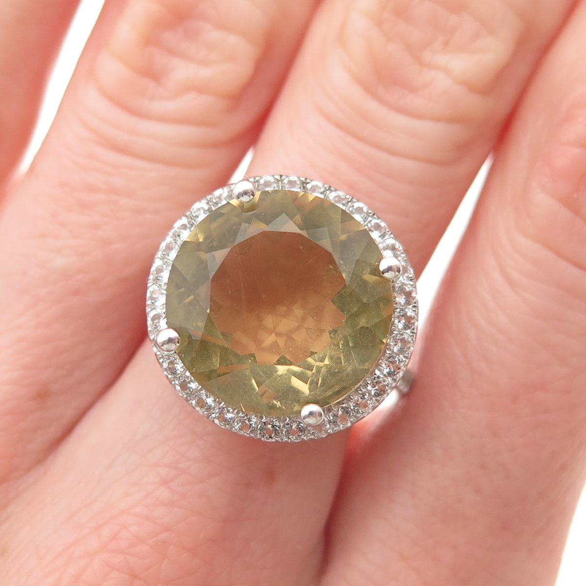 LUCAS LAMETH 925 Sterling Silver Real Citrine & White Topaz Ring Size 7.75