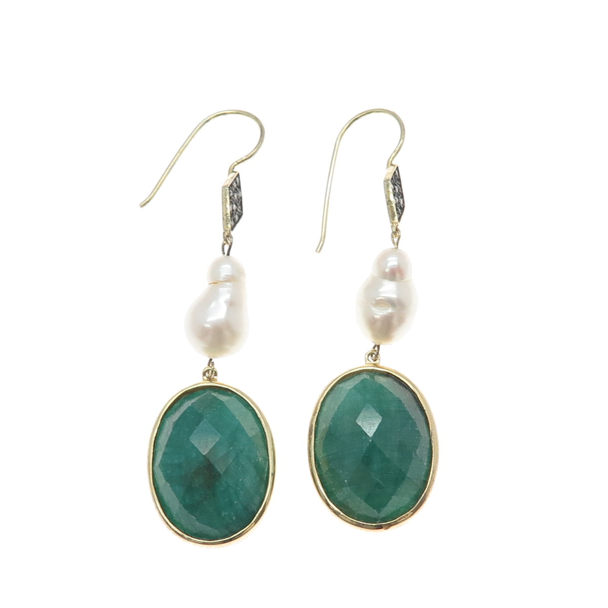 925 Sterling Silver Gold Plated Real Diamond Emerald & Pearl Dangle Earrings
