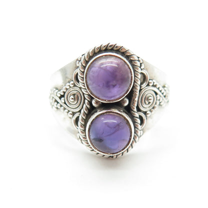 925 Sterling Silver Vintage Real Amethyst Granulated Spiral Ring Size 8