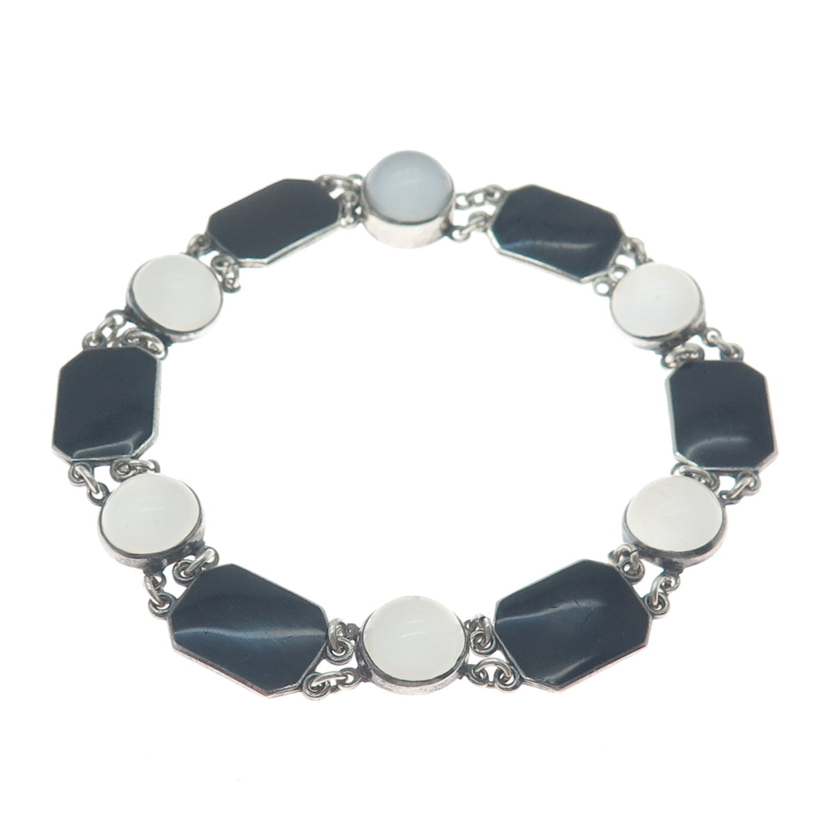 925 Sterling Silver Antique Real Opalite & Enamel Bracelet 7.75" (repair)