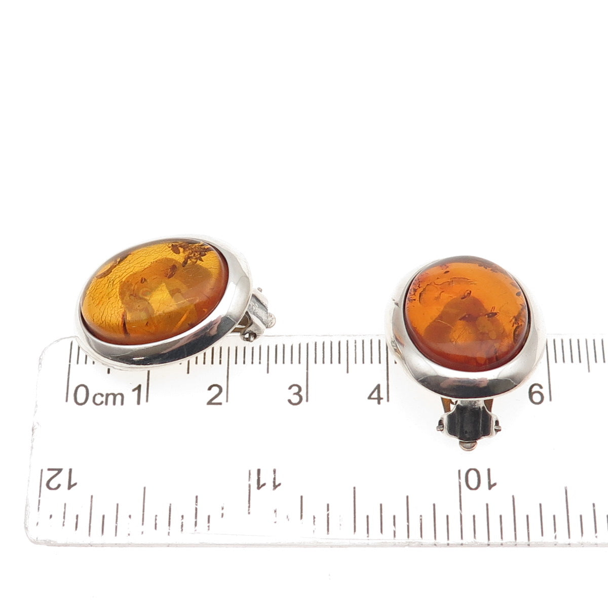 925 Sterling Silver Vintage Poland Real Amber Oval Clip On Earrings