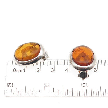 925 Sterling Silver Vintage Poland Real Amber Oval Clip On Earrings