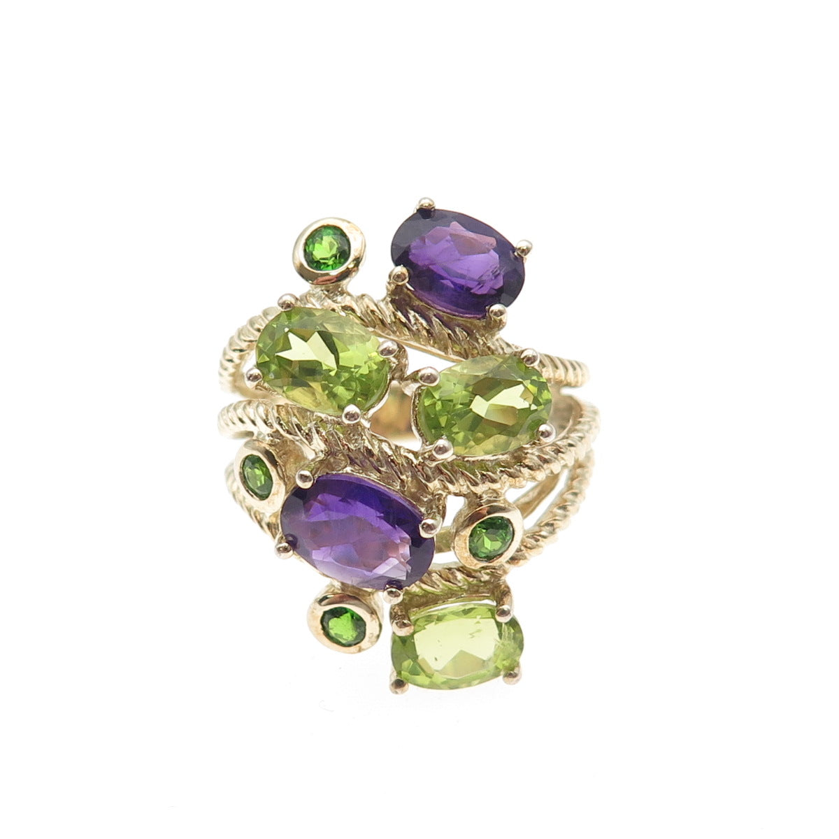925 Sterling Silver Gold Plated Real Amethyst & Peridot Cluster Ring Size 6.25