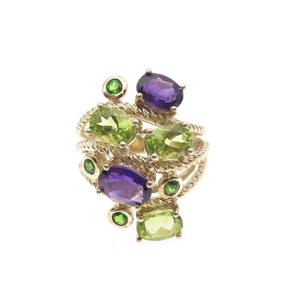 925 Sterling Silver Gold Plated Real Amethyst & Peridot Cluster Ring Size 6.25