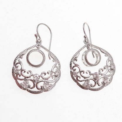 925 Sterling Silver Real White Topaz Ornate Crescent Dangle Earrings