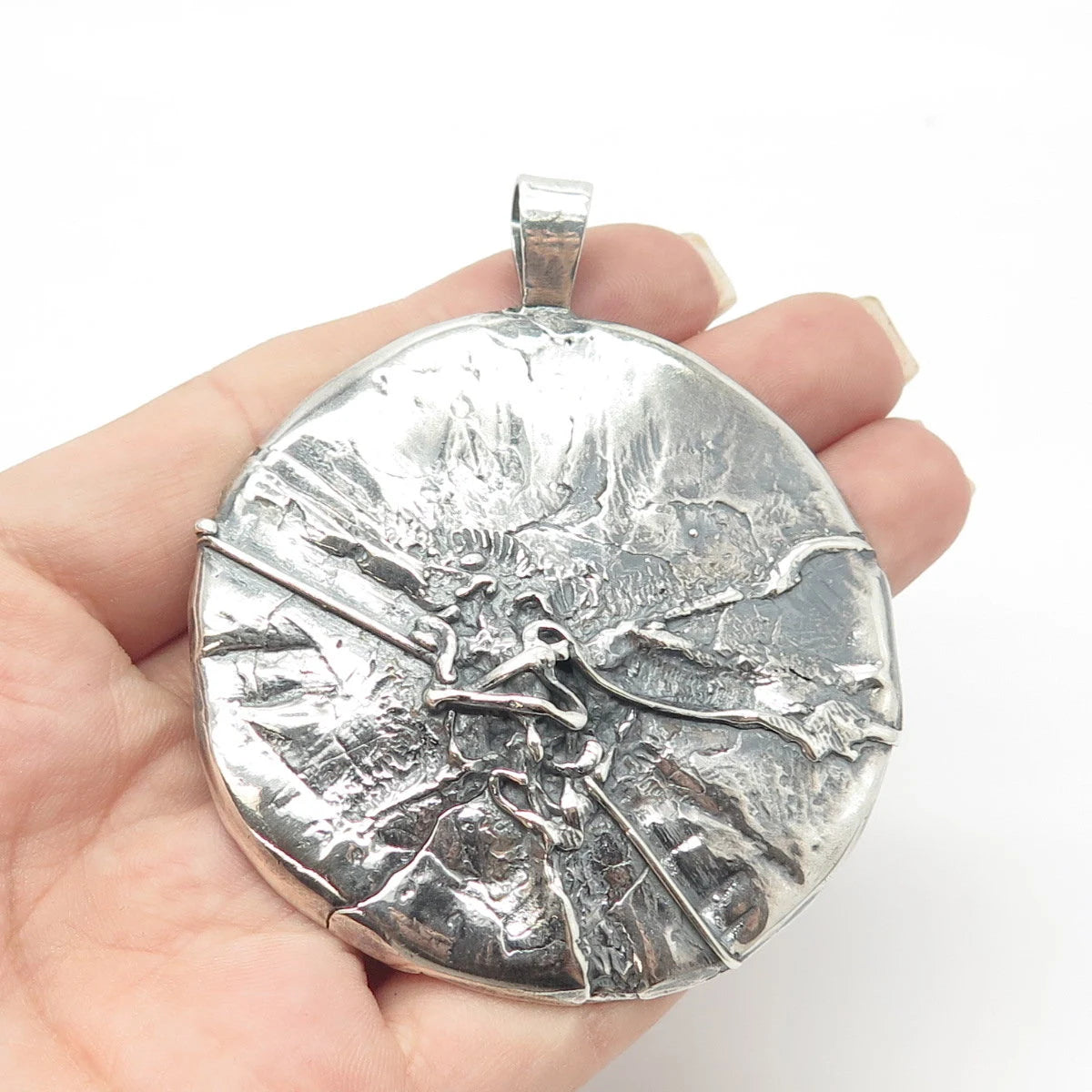 925 Sterling Silver Vintage Brutalist Modernist Large Round Pendant
