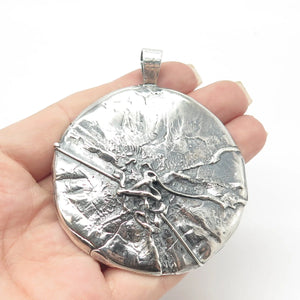 925 Sterling Silver Vintage Brutalist Modernist Large Round Pendant