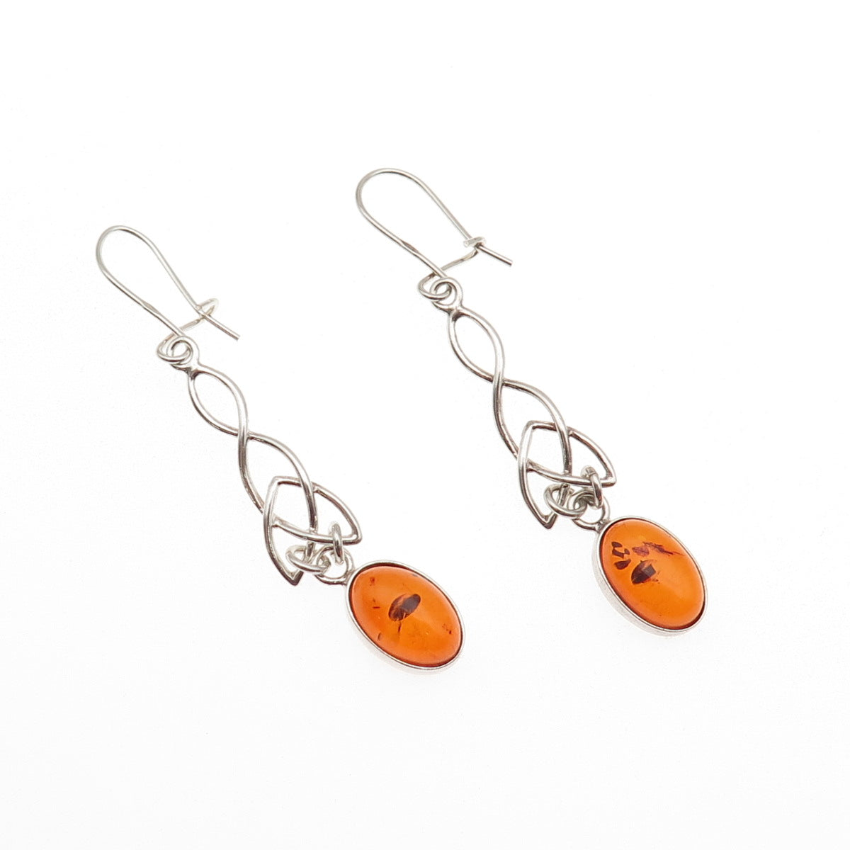 925 Sterling Silver Vintage Real Amber Celtic Trinity Dangle Earrings