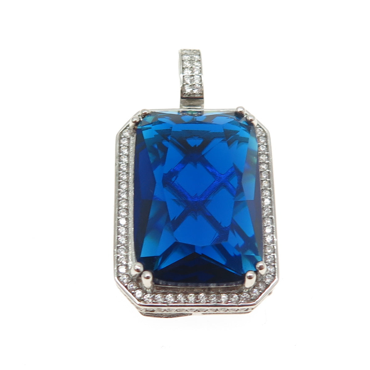 925 Sterling Silver Radiant-Cut Blue Glass & Round-Cut C Z Pendant