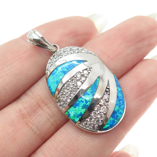 925 Sterling Silver Real Doublet Blue Opal Gemstone & C Z Pendant