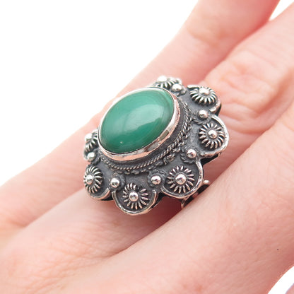 925 Sterling Antique Art Deco Real Malachite Cannetille Oxidized Ring Size 5.5