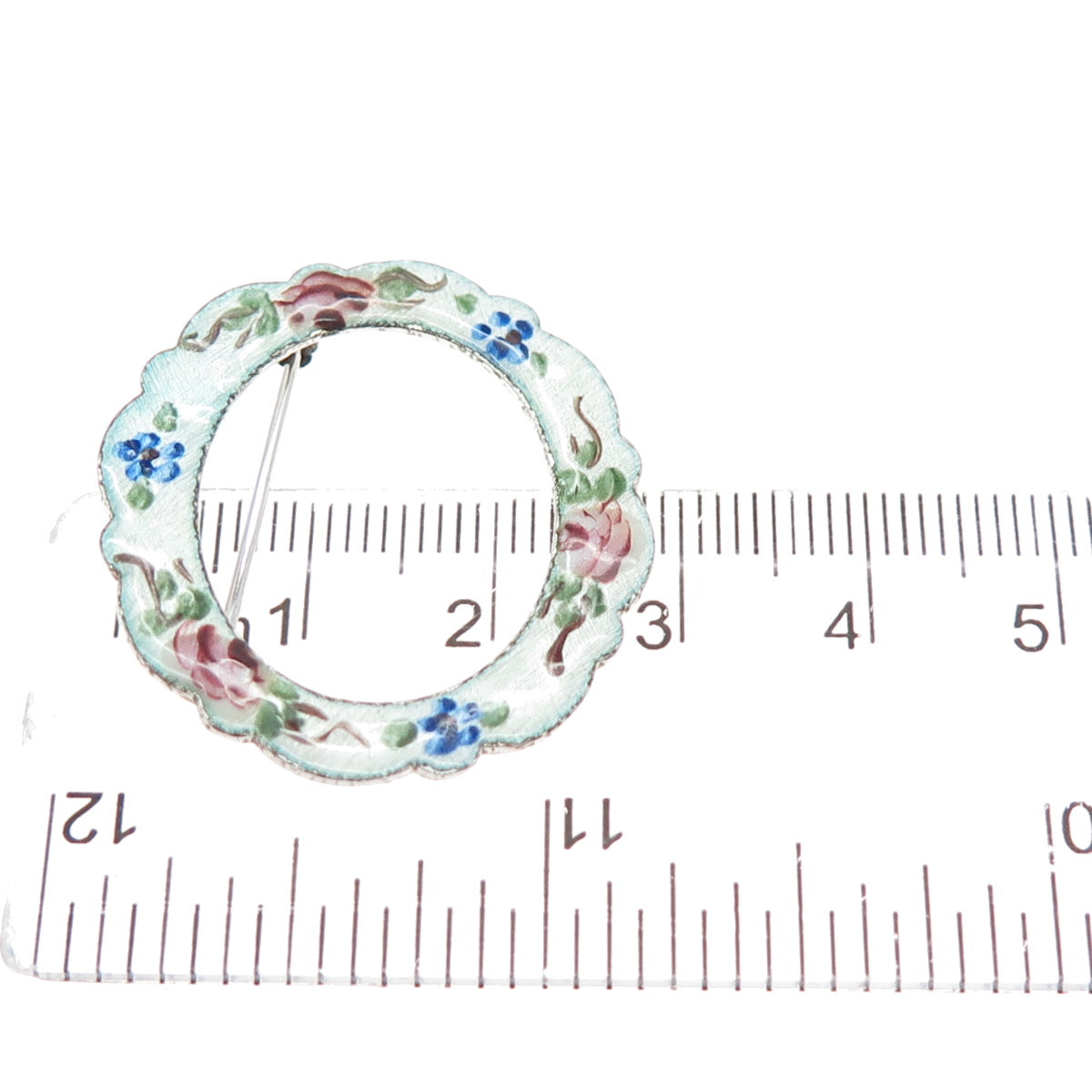 LAMODE 925 Sterling Silver Antique Art Deco Enamel Rose Flower Circle Pin Brooch