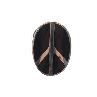 925 Sterling Silver Vintage Real Black Onyx Peace Symbol Ring Size 9.75