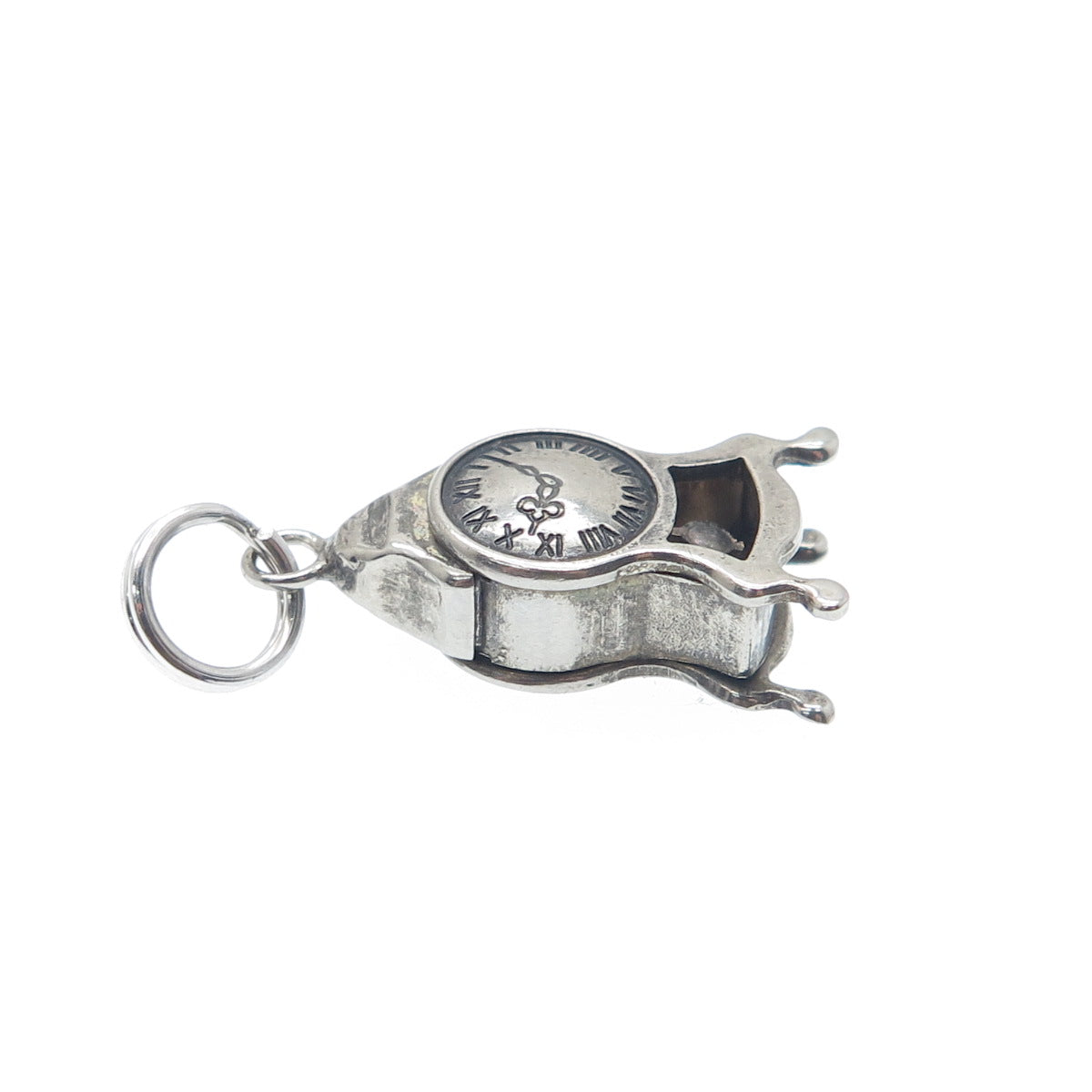 800 Silver Antique Retro Mantle Clock Oxidized Minimalist 3D Charm Pendant
