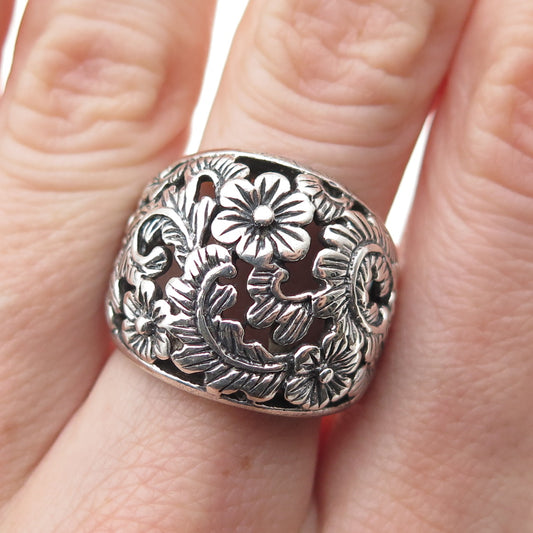 CFJ Collins Fine 925 Sterling Silver Vintage Flower Oxidized Ring Size 6.75