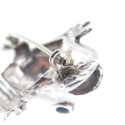 925 Sterling Silver Vintage Black Enamel Frog for Good Luck Oxidized Pin Brooch