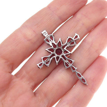 925 Sterling Silver Vintage Real Red Garnet Cross Cluster Slide Pendant