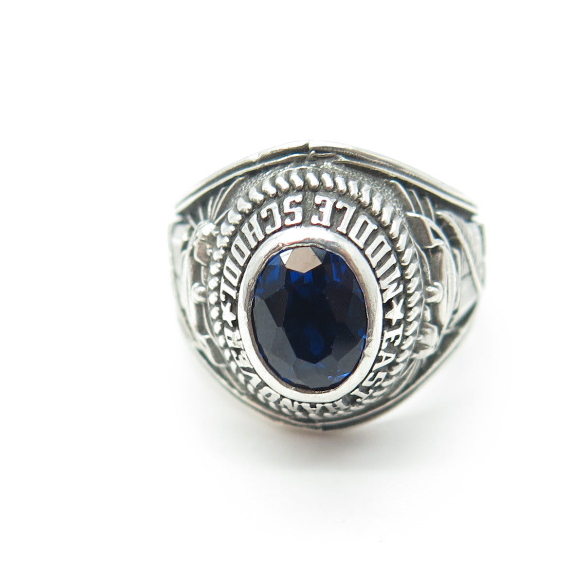 BALE Sterling Silver Vintage 1979 Lab-Sapphire East Hanover School Ring Size 6.5