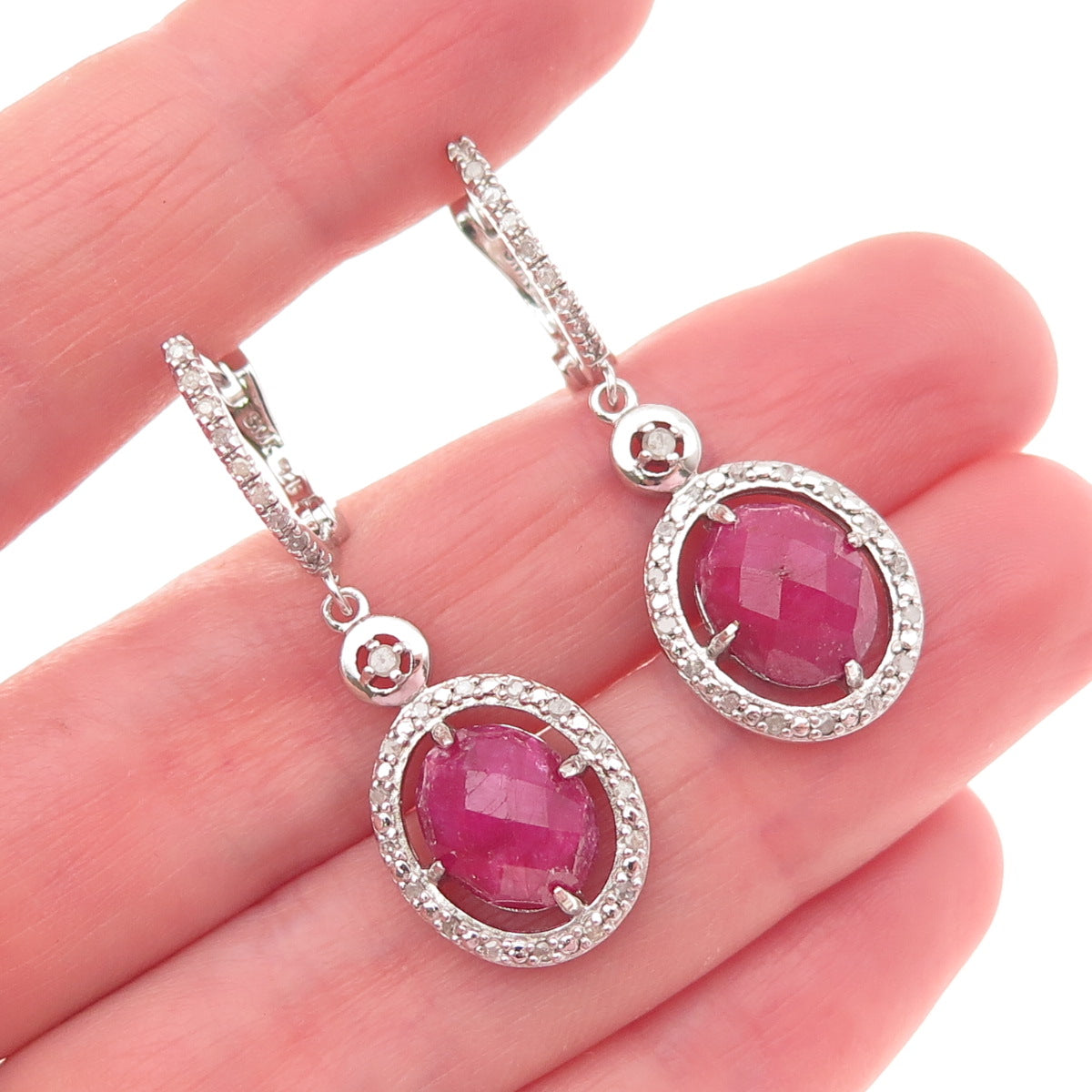 925 Sterling Silver Real Round-Cut Diamond & Oval-Cut Ruby Dangle Earrings