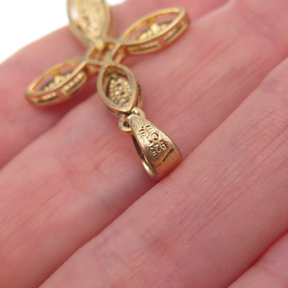 925 Sterling Silver Gold Plated Real Round-Cut Diamond Cross Charm Pendant