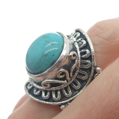 925 Sterling Silver Vintage Real Mountain Turquoise Sun Oxidized Ring Size 10.75