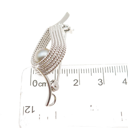 925 Sterling Silver Vintage Real Pearl Modernist Floral Pin Brooch