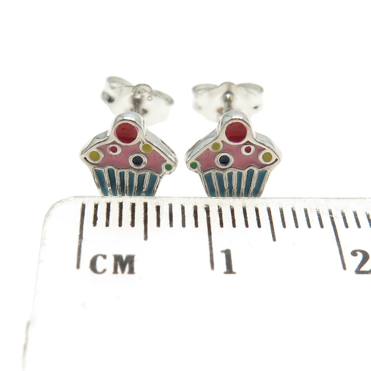925 Sterling Silver Enamel Cupcake Stud Earrings
