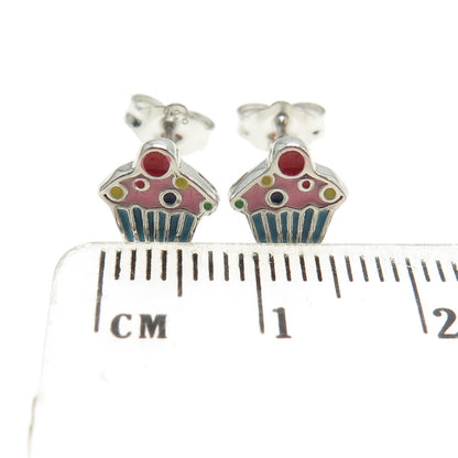 925 Sterling Silver Enamel Cupcake Stud Earrings