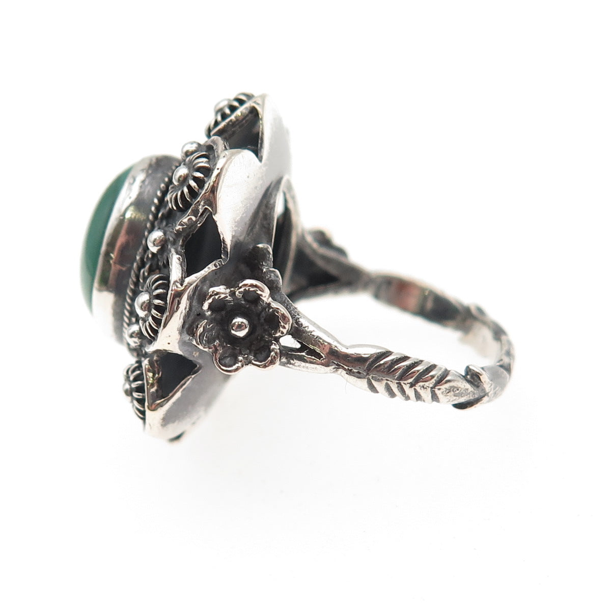 925 Sterling Antique Art Deco Real Malachite Cannetille Oxidized Ring Size 5.5