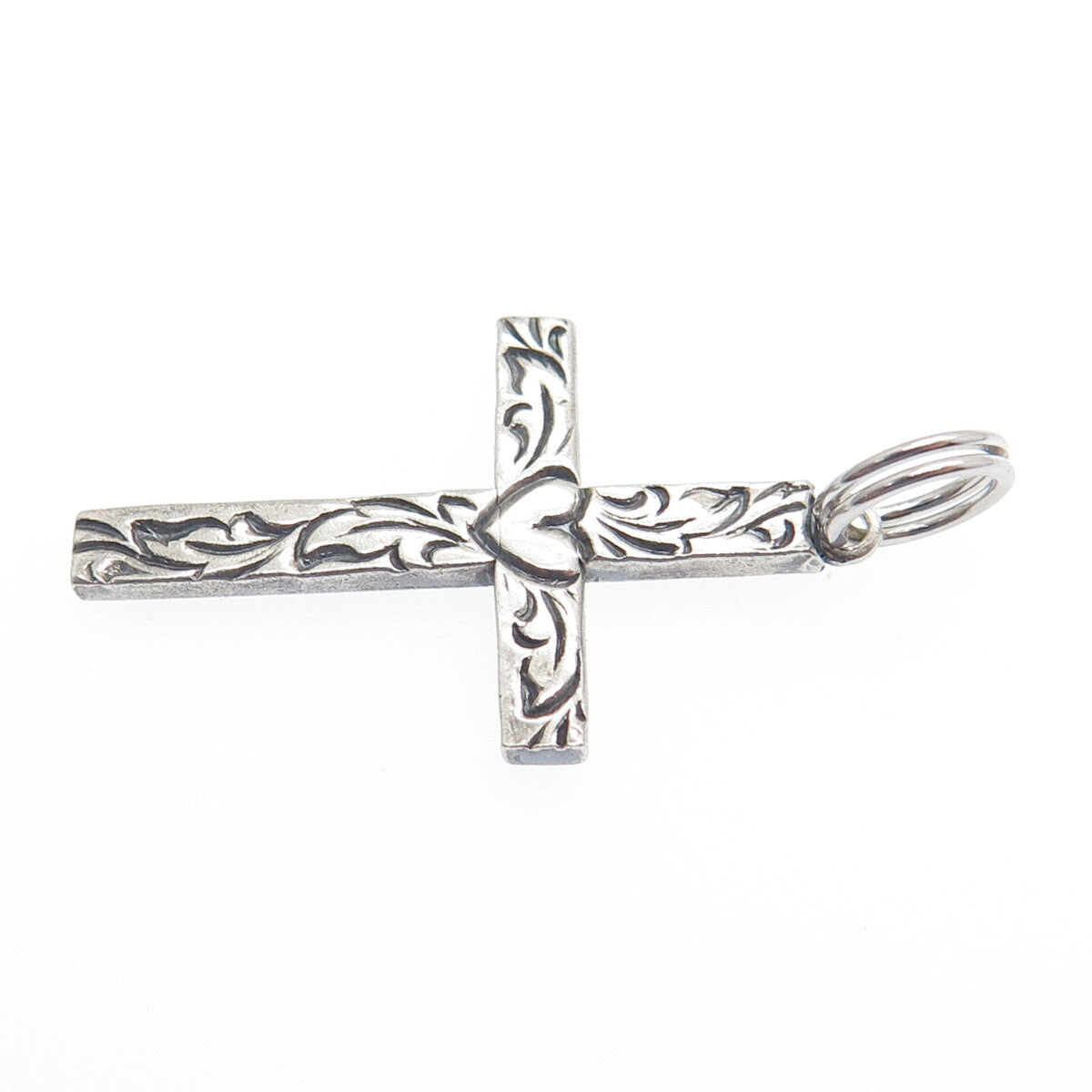 BEAU 925 Sterling Silver Vintage Heart & Feather Cross Oxidized Pendant