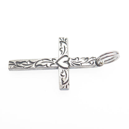 BEAU 925 Sterling Silver Vintage Heart & Feather Cross Oxidized Pendant