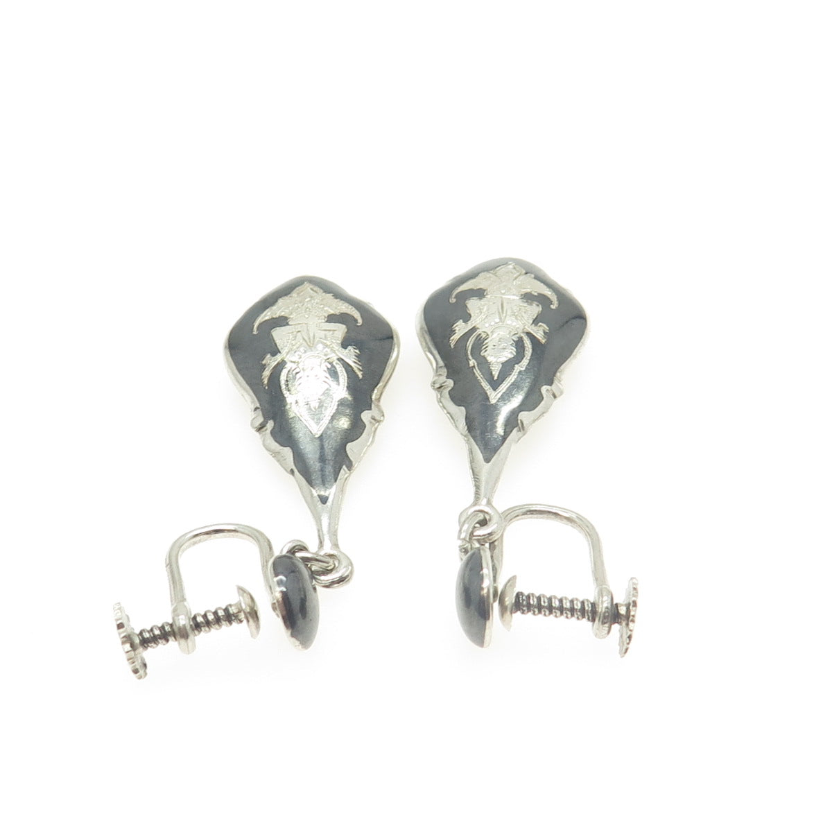 925 Sterling Silver Antique Art Deco Niello Hindu Goddess Screw Back Earrings