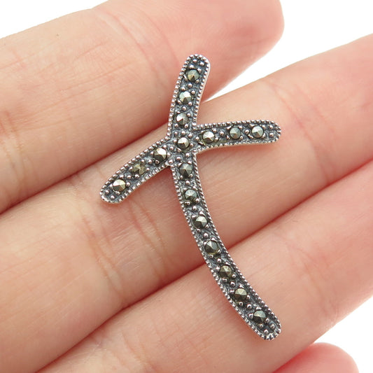 925 Sterling Silver Vintage Real Marcasite Gemstone Cross Slide Pendant