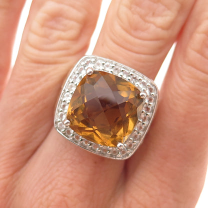 925 Sterling Silver 2-Tone Vintage Real Citrine & White Topaz Ring Size 7.25