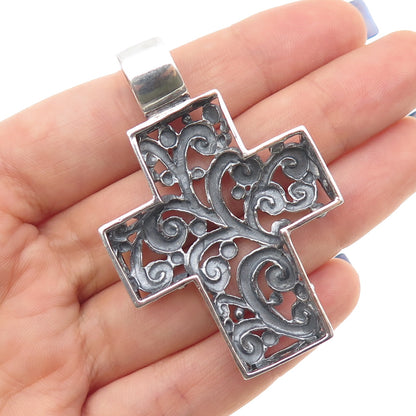 SX Sally C 925 Sterling Silver Vintage Ornate Cross Oxidized Pendant