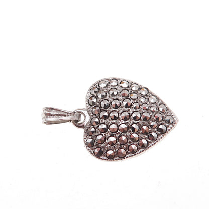 925 Sterling Silver Antique Art Deco Real Marcasite Heart Charm Pendant