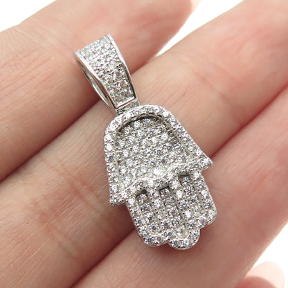 925 Sterling Silver Round-Cut Shaped C Z Hamsa Hand Amulet Pendant