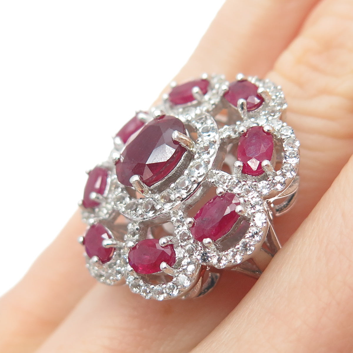 925 Sterling Silver Real Oval-Cut Ruby & Round-Cut White Topaz Ring Size 5.25