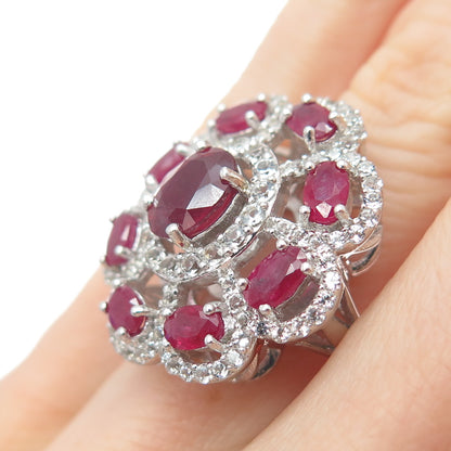 925 Sterling Silver Real Oval-Cut Ruby & Round-Cut White Topaz Ring Size 5.25