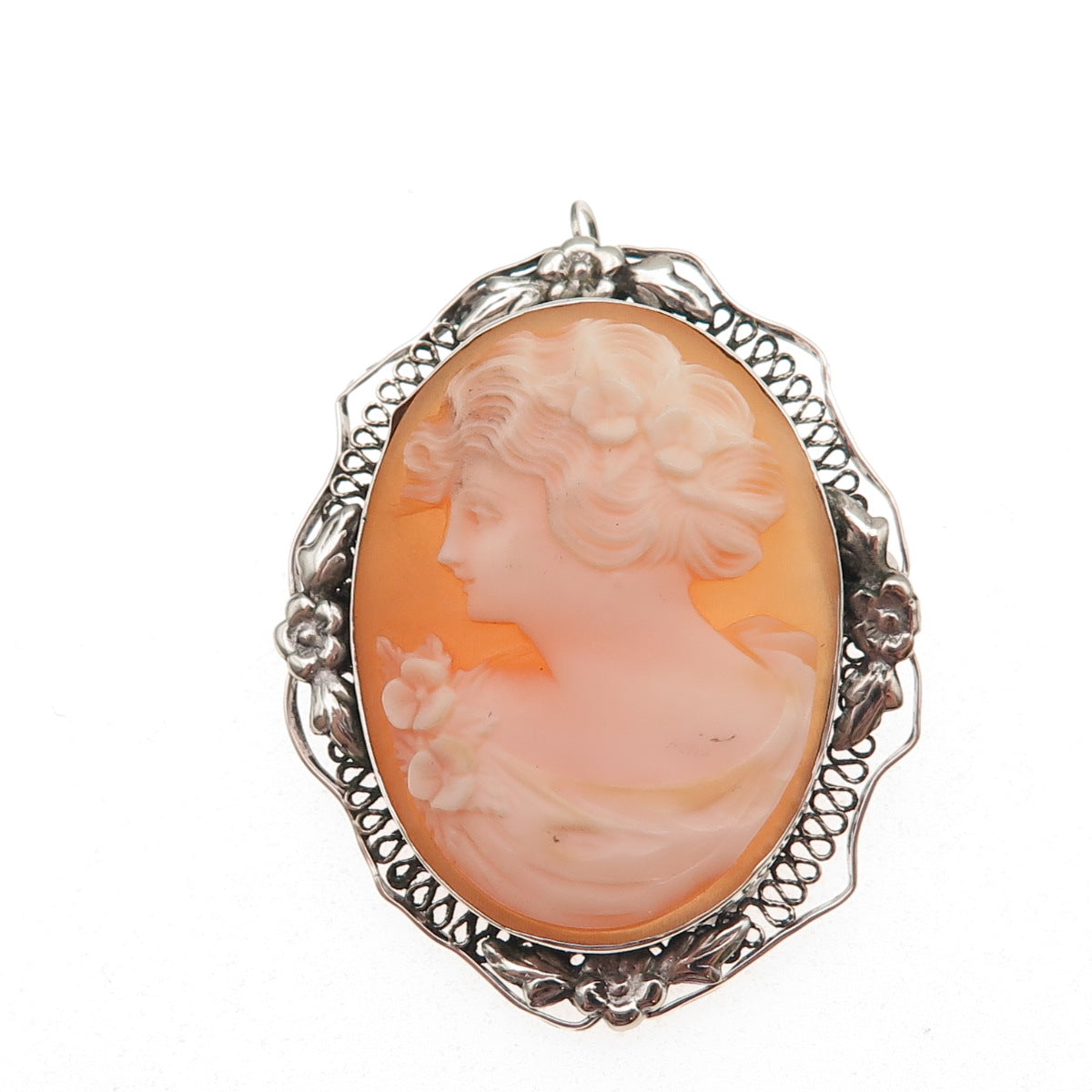 925 Sterling Silver Antique Victorian Real MOP Lady Cameo Pin Brooch / Pendant