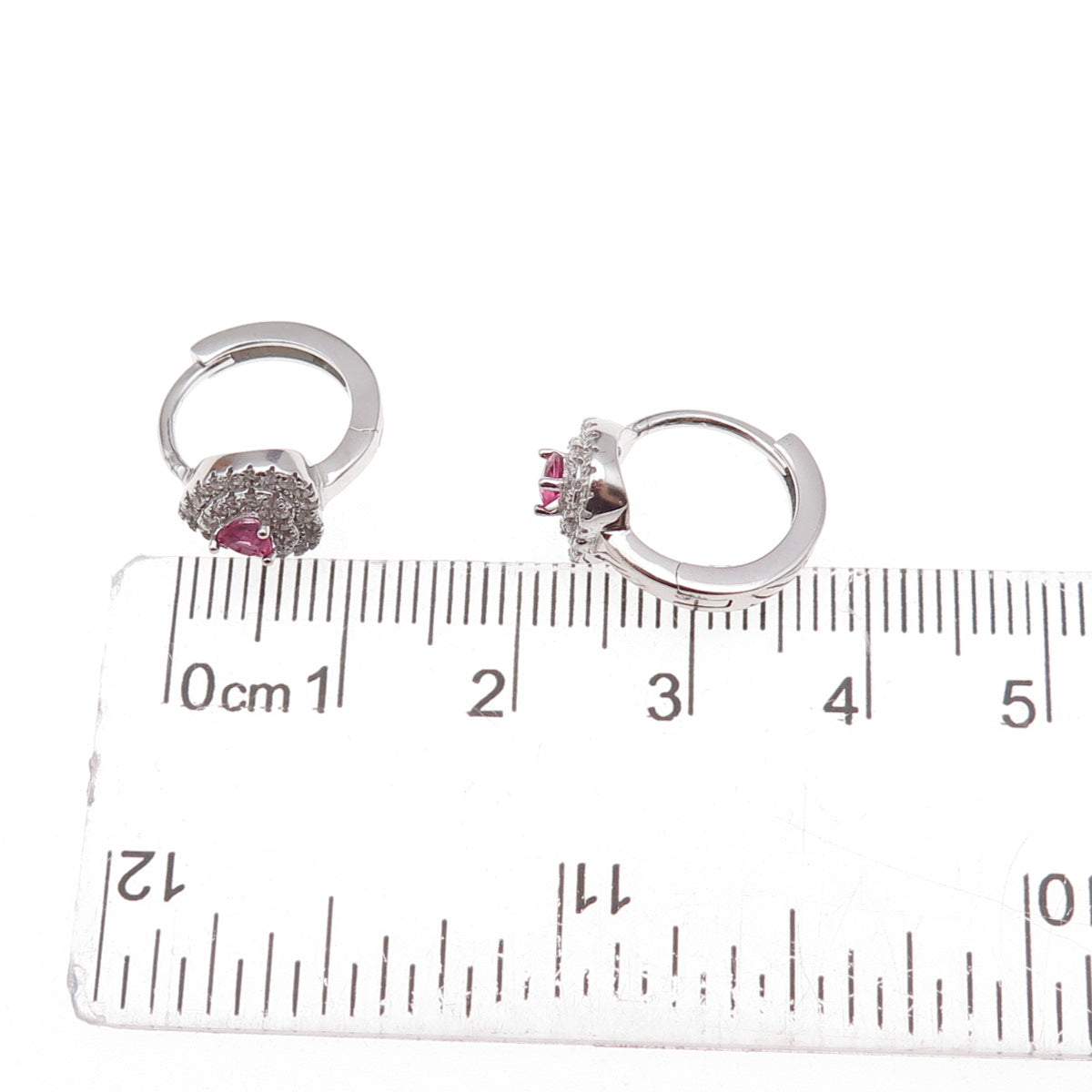 925 Sterling Silver Pink & White C Z Hoop Earrings