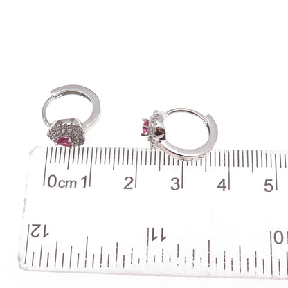 925 Sterling Silver Pink & White C Z Hoop Earrings