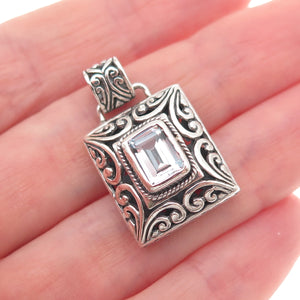 925 Sterling Silver Vintage Real Blue Topaz Floral Ornate Oxidized Charm Pendant