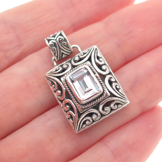 925 Sterling Silver Vintage Real Blue Topaz Floral Ornate Oxidized Charm Pendant