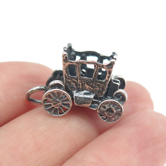 925 Sterling Silver Antique Art Deco Carriage Movable 3D Charm Pendant