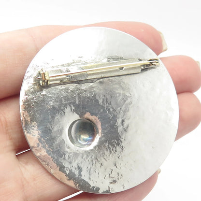 925 Sterling Silver Vintage Hammered Round Pin Brooch